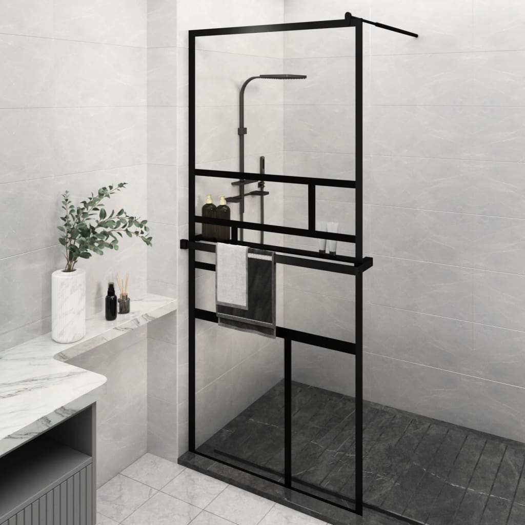 vidaXL Walk-in Shower Wall with Shelf Black 35.4x76.8 ESG Glass&Aluminum