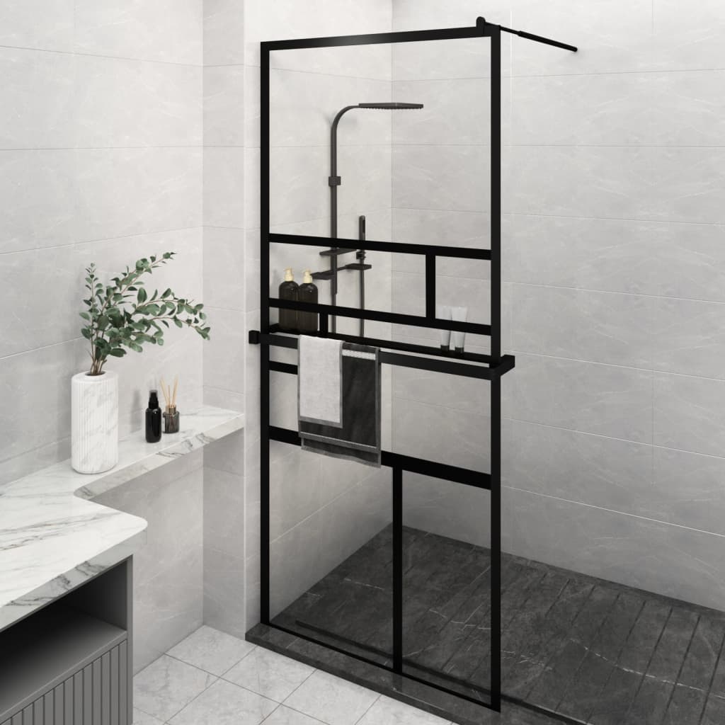 vidaXL Walk-in Shower Wall with Shelf Black 39.4x76.8 ESG Glass&Aluminum
