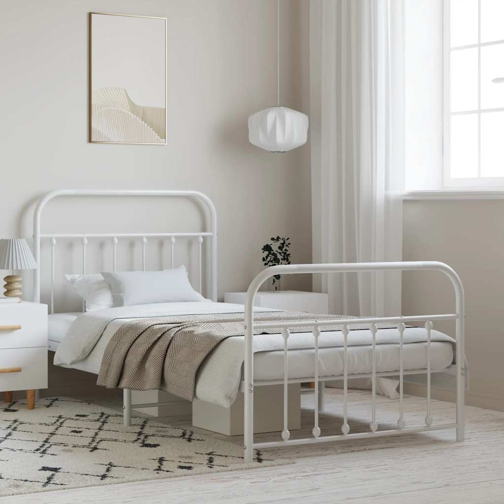 vidaXL Metal Bed Frame with Headboard and Footboard White 39.4x74.8