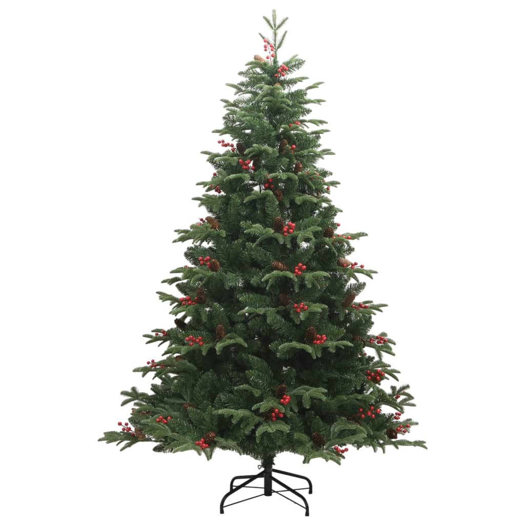 Vidaxl Artificial Hinged Christmas Tree With Cones And Berries, 82.7&quot; Realistic Pe Tips, Hinged Construction, Durable Iron Stand, Cost-Effective, Reusable Festive Season Decor