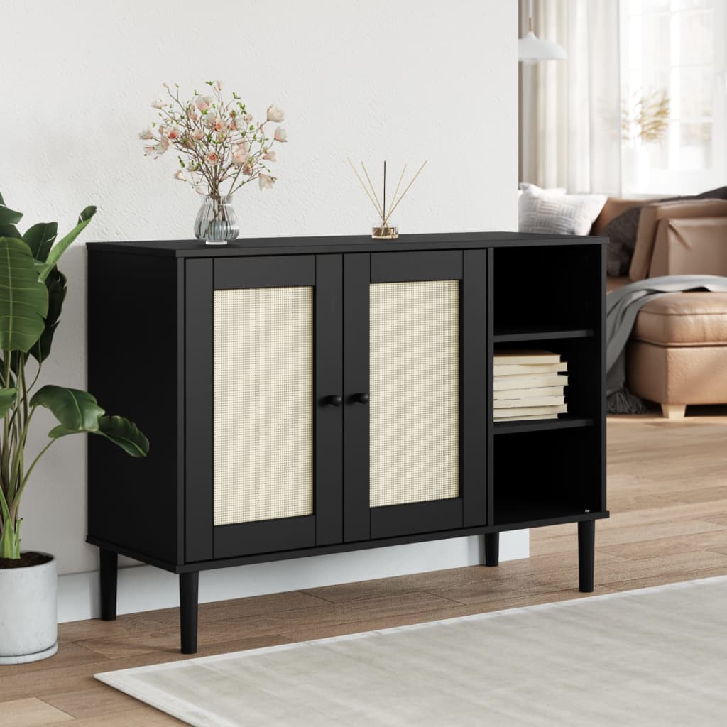 vidaXL Sideboard SENJA Rattan Look Black 44.1''x15.7''x31.5'' Solid Wood Pine