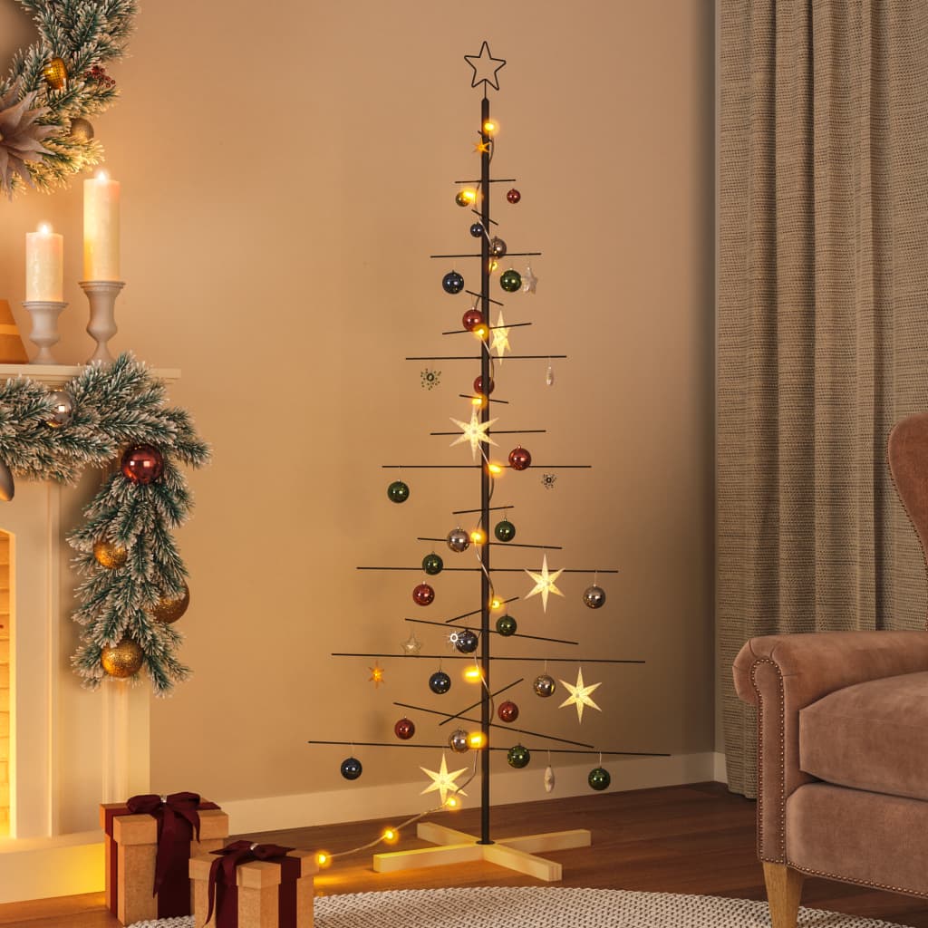 Vidaxl Metal Christmas Tree With Wooden Base | Unique Diy Decoration | Space-Saving Design | Sturdy Steel Frame With Solid Pine Base | Modern Black Metal | Frame Only