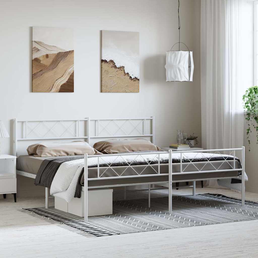 vidaXL Metal Bed Frame with Headboard and Footboard White 76''x79.9'' King