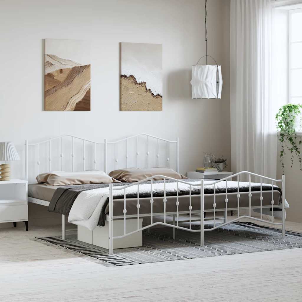 vidaXL Metal Bed Frame with Headboard and FootboardWhite 76''x79.9'' King