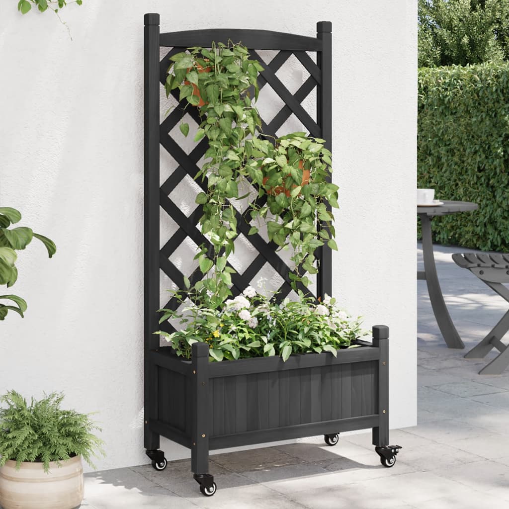 Vidaxl Planter With Trellis And Wheels Black Solid Wood Fir
