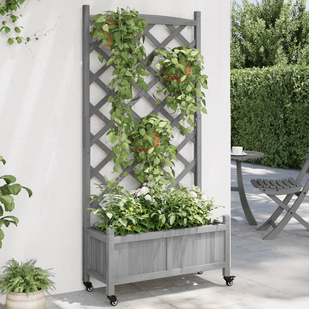 Vidaxl Planter With Trellis And Wheels Gray Solid Wood Fir