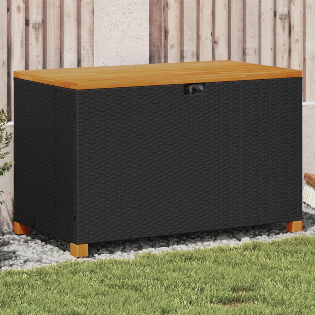 vidaXL Patio Storage Box Black 43.3''x21.7''x24.8'' Poly Rattan Acacia Wood