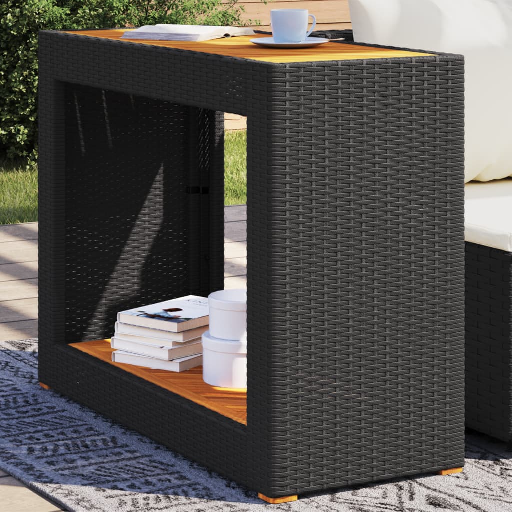 vidaXL Patio Side Table with Wooden Top Black 39.4x15.7x29.5 Poly Rattan