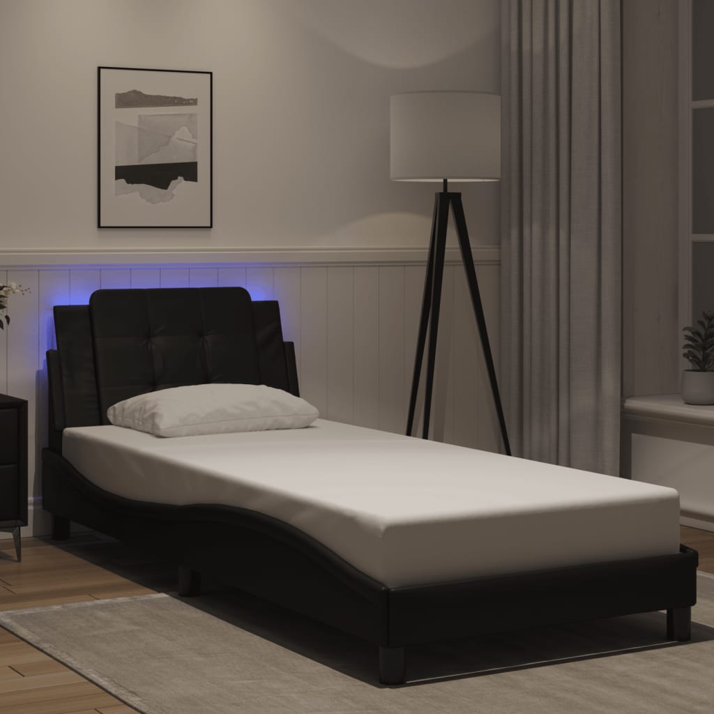 vidaXL Bed Frame with LED Light Black 39.4x74.8 Twin Faux Leather