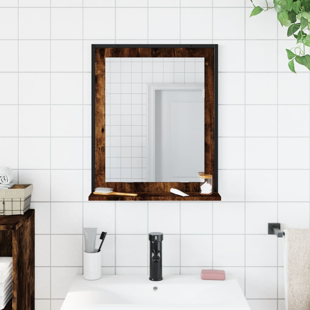 Vidaxl Bathroom Mirror With Smoked Oak Engineered Wood Shelf, Wall-Mounted 19.7&quot;X4.7&quot;X23.6&quot;, Moisture Resistant For Bathroom Decor