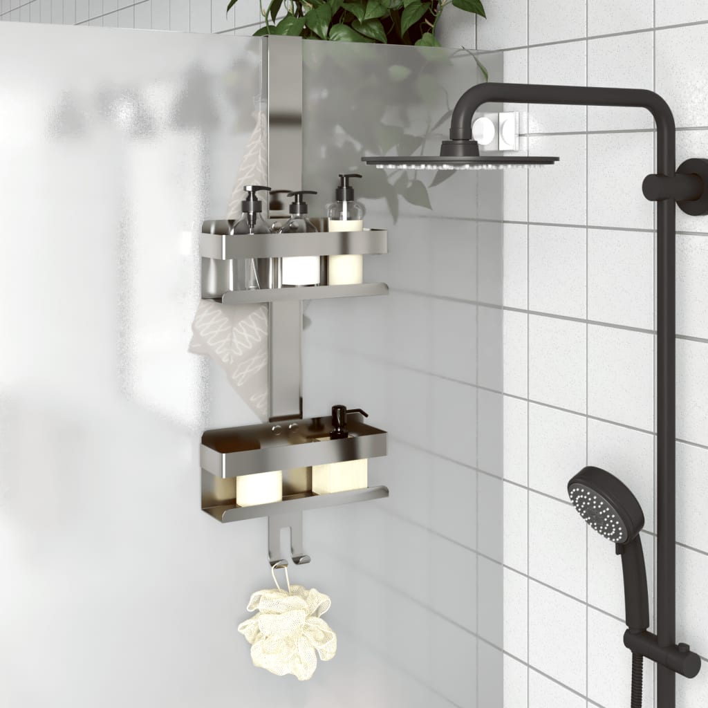 Vidaxl Brushed Stainless Steel Shower Caddy - 304 Silver Hanging Storage Organizer For Bathroom With Basket And Hooks, No Drill Assembly