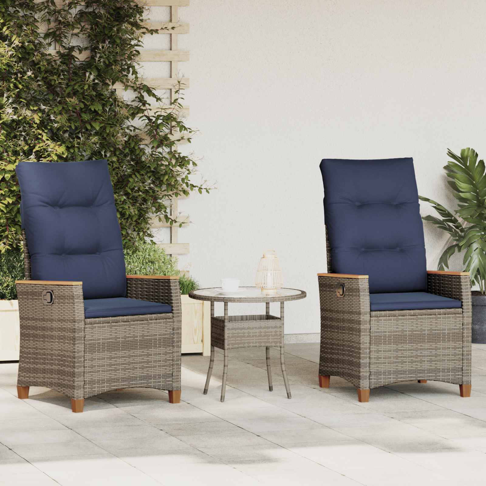 vidaXL Reclining Garden Chair 2 pcs Grey and Navy Blue Poly Rattan