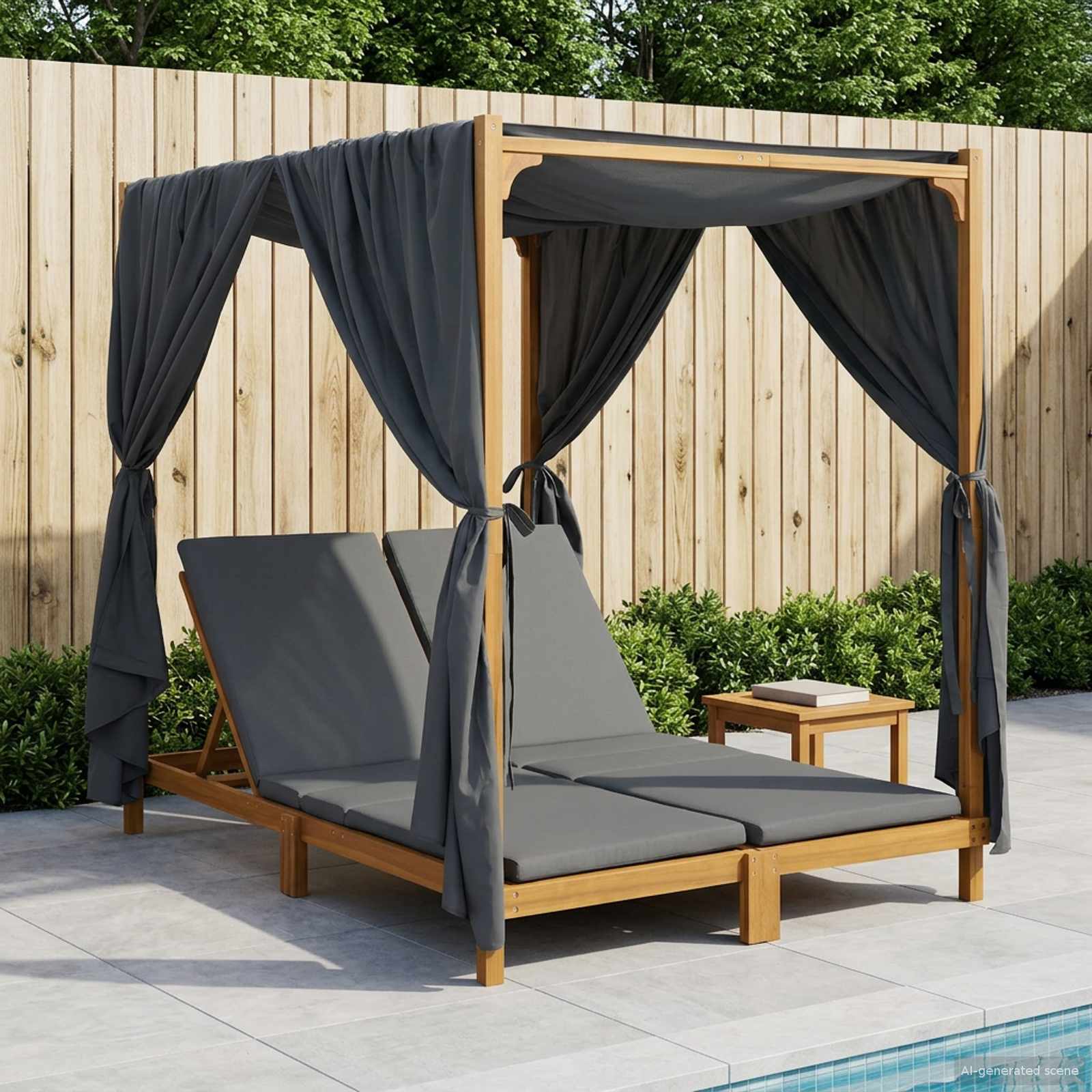 vidaXL Double Sun Lounger with Canopy and Curtains Solid Acacia Wood