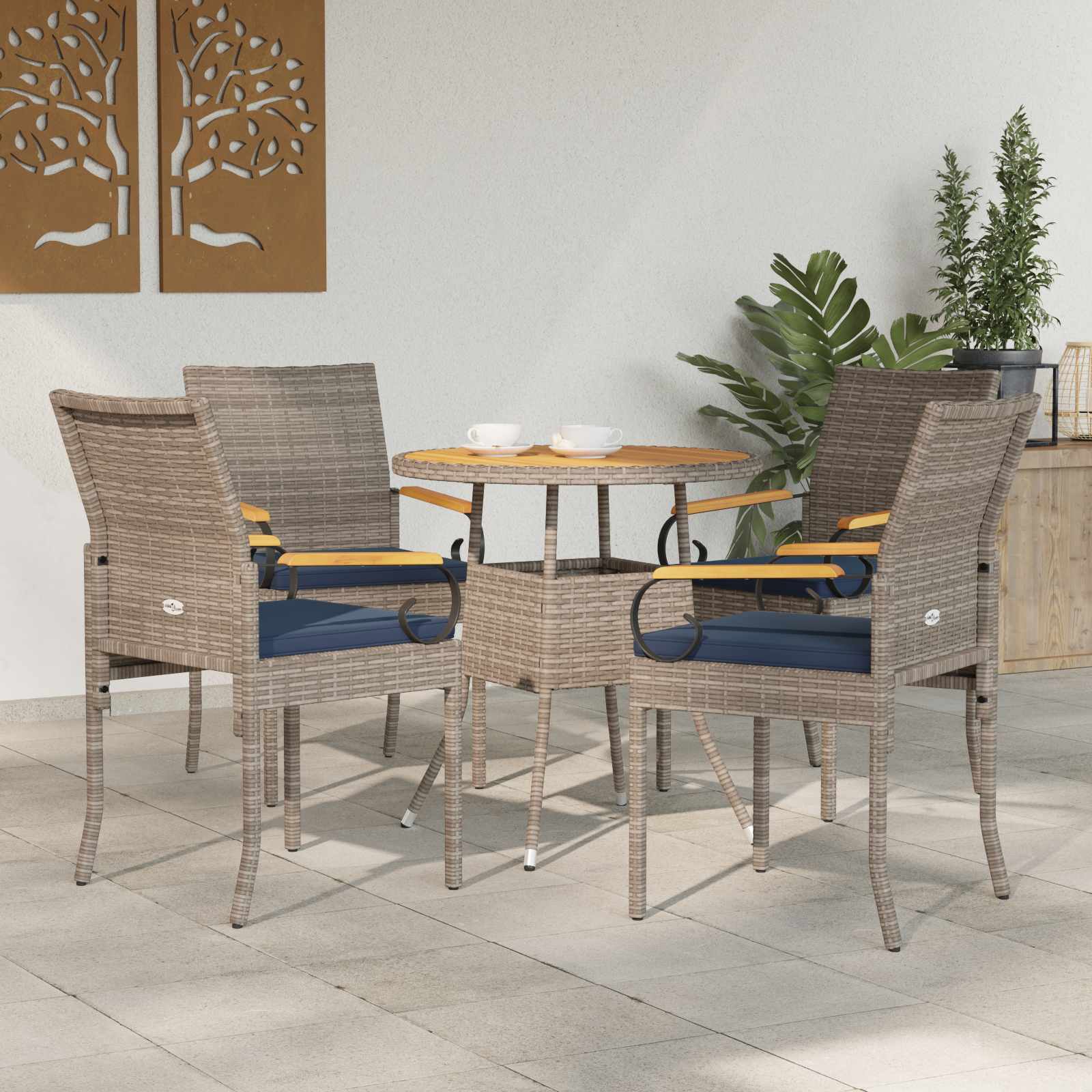 vidaXL Garden Chairs 4 pcs Grey and Navy Blue Poly Rattan and Acacia