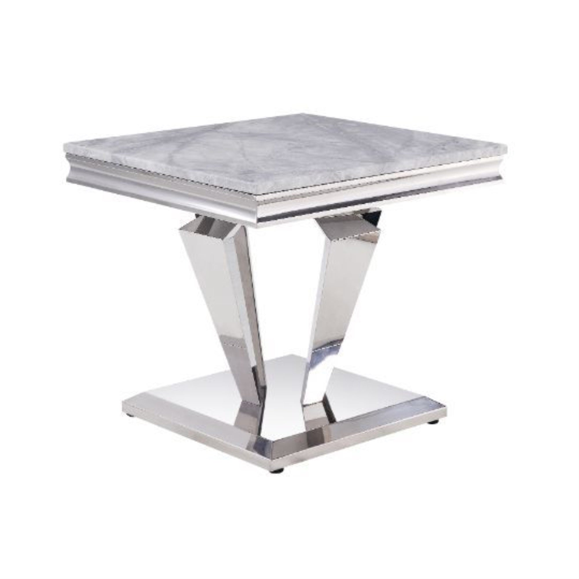 Satinka End Table in Light Gray Printed Faux Marble & Mirrored Silver Finish