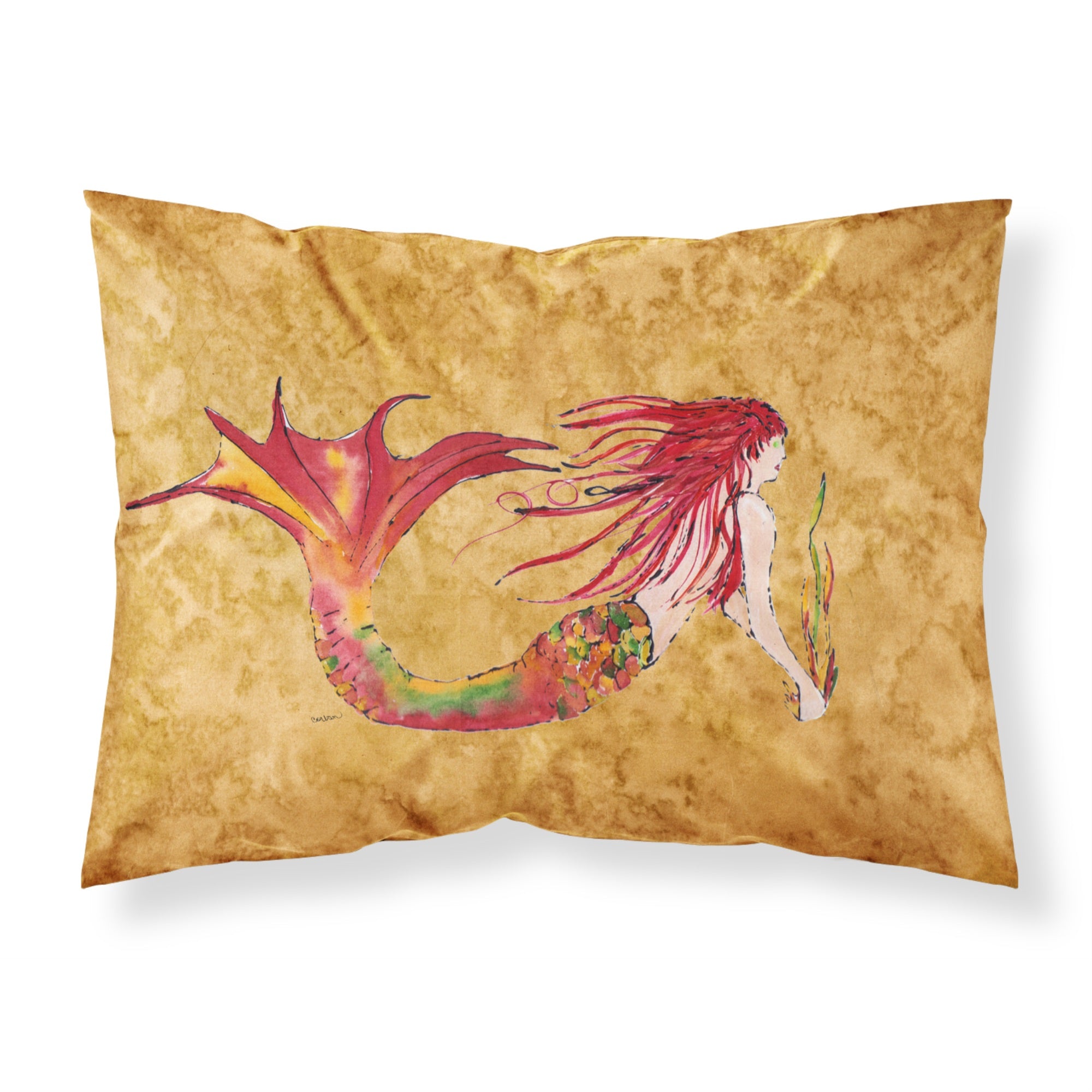 'Caroline'S Treasures 8727Pillowcase Ginger Red Headed Mermaid On Gold Fabric Standard Pillowcase, Large, Multicolor'