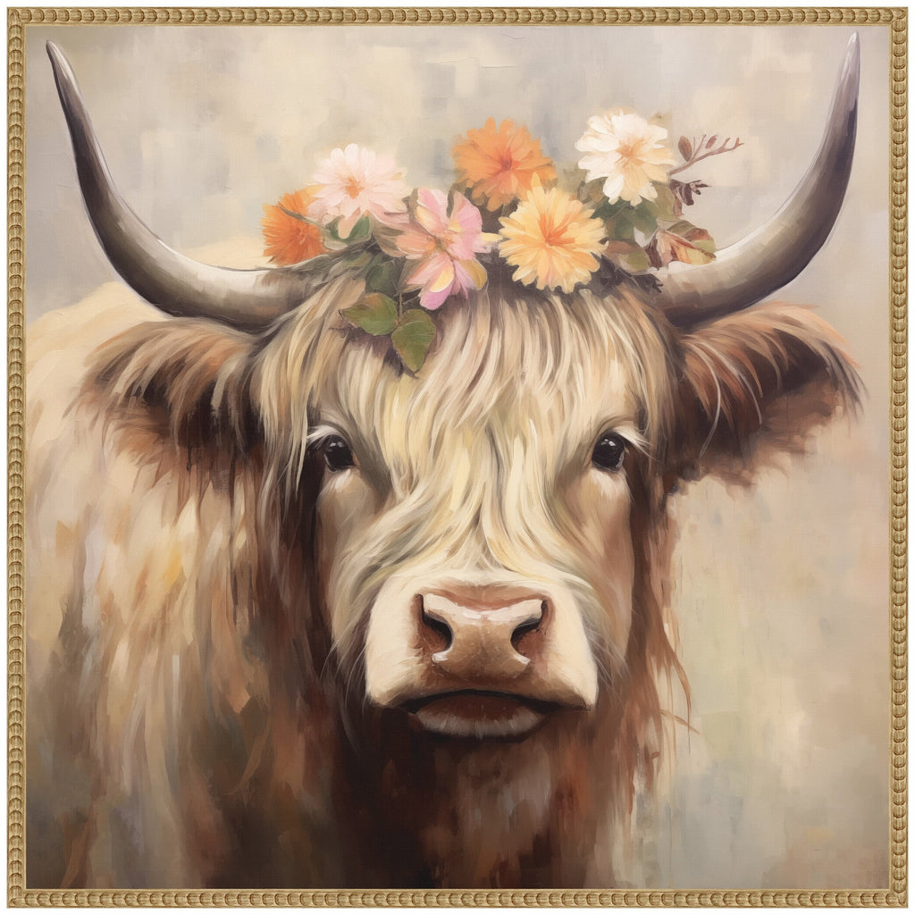 Sylvie Adorable Floral Boho Highland Cow Framed Canvas by The Creative Bunch Studio