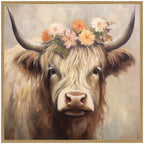 Sylvie Adorable Floral Boho Highland Cow Framed Canvas by The Creative Bunch Studio