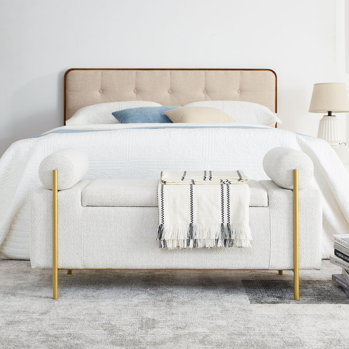 Elegant Upholstered Storage Bench With Cylindrical Arms And Iron Legs,