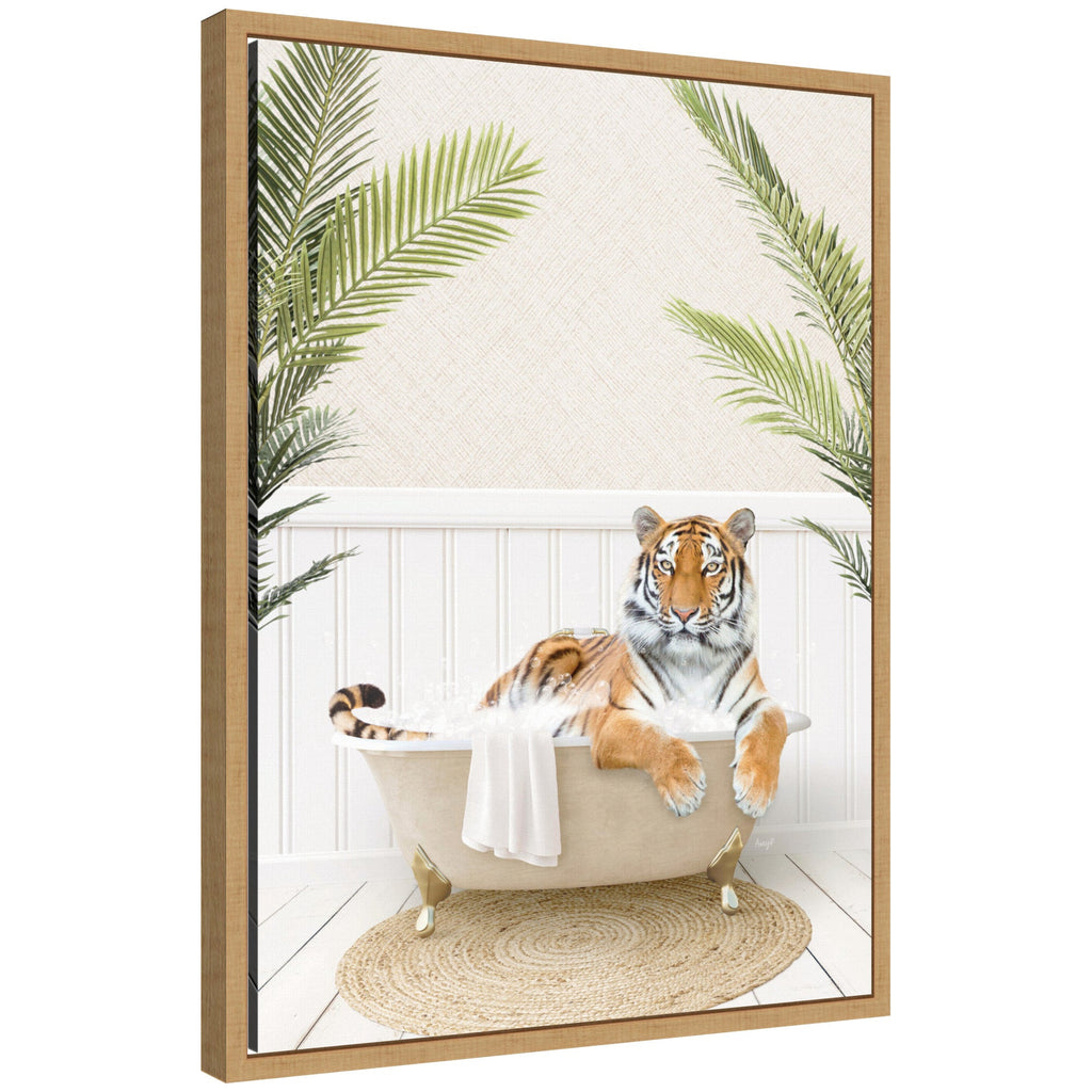 Sylvie Tiger in Palm Bath Framed Canvas by Amy Peterson