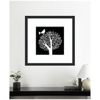 Framed Art Black and White Bird Tree Linocut by Giuliana Lazzerini