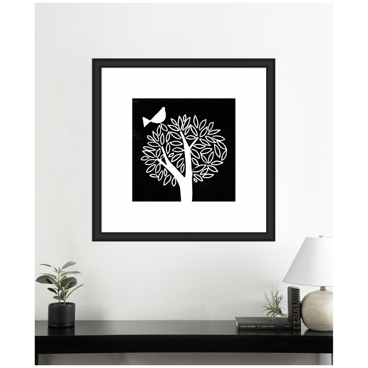 Framed Art Black and White Bird Tree Linocut by Giuliana Lazzerini