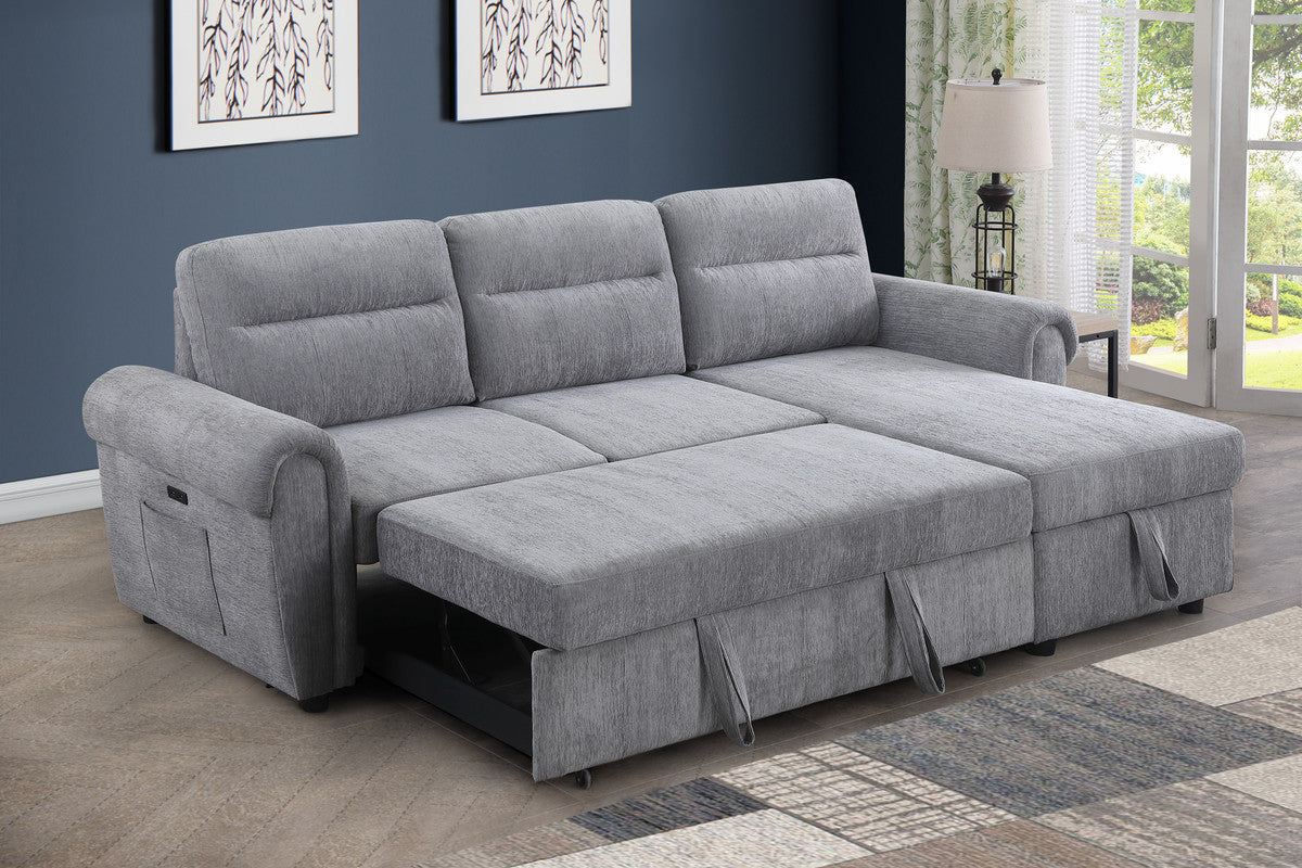 Hugo 97W Light Gray Chenille Reversible Sleeper Sectional Sofa Chaise with USB Chargers, Phone/Magazine Pockets