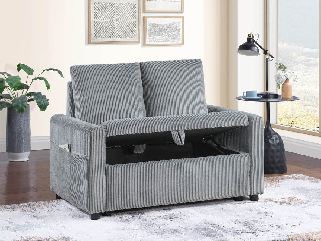Oswin 45W Gray Corduroy Loveseat with Storage, Side Pocket