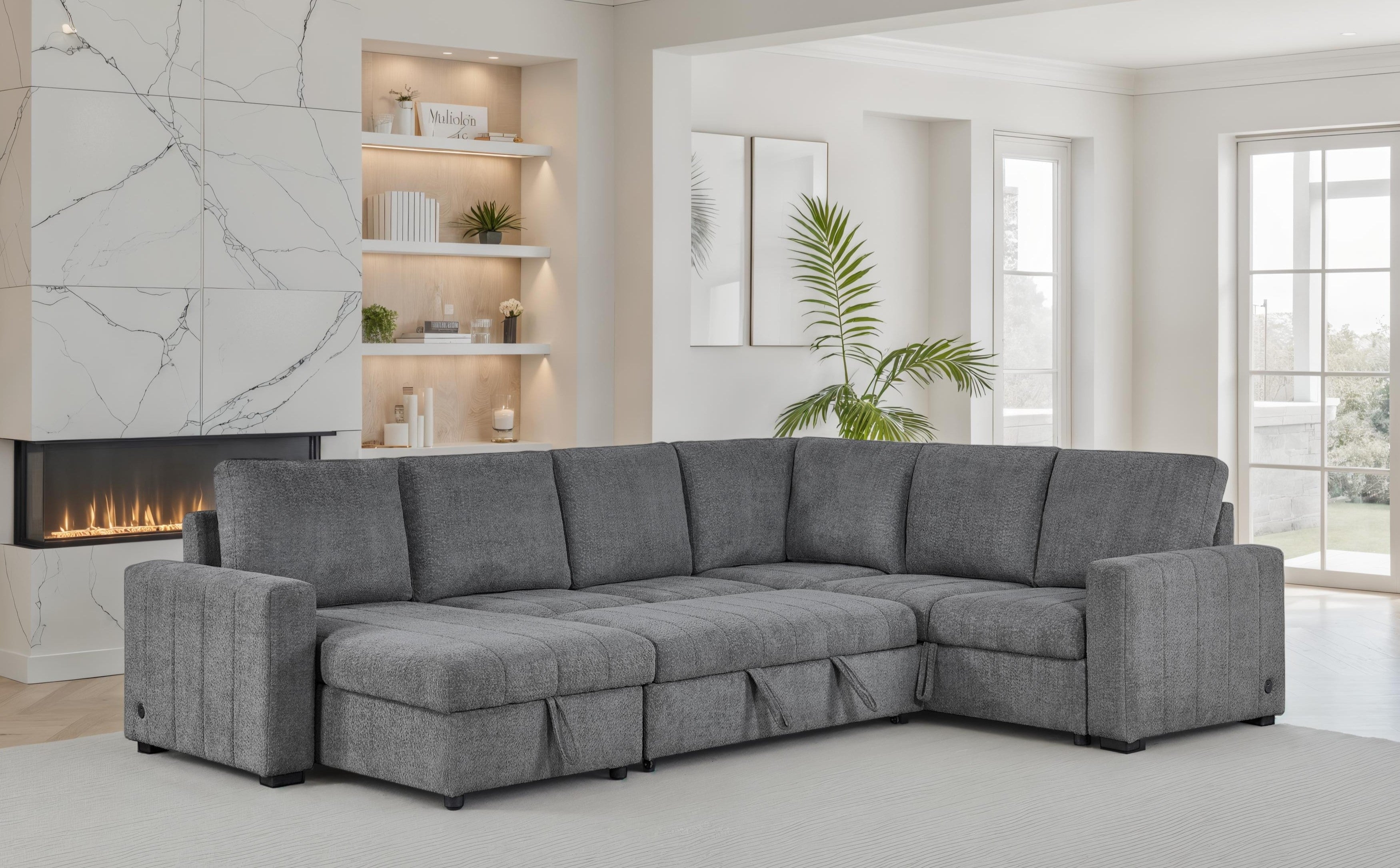 Seraphina II 128 Gray Boucle Reversible Modular Sleeper Sectional Sofa with Storage Chaise and USB Charging Port