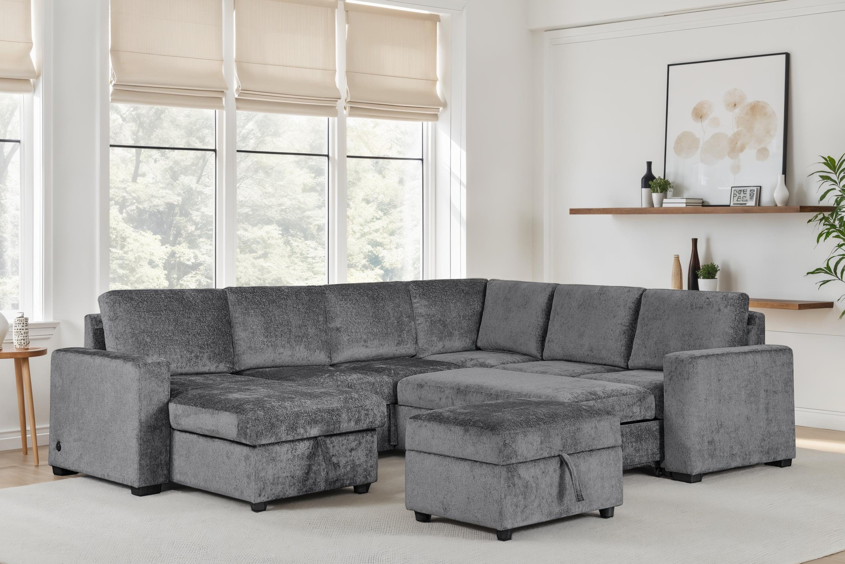 Esmeralda 122 Gray Chenille Fabric Reversible Modular Sleeper Sectional Sofa with Storage Chaise, USB Charging Port, and Storage