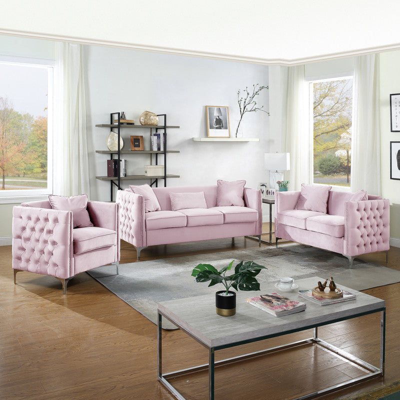 Lilola Home Bayberry Pink Velvet Sofa Loveseat Chair Living Room Set