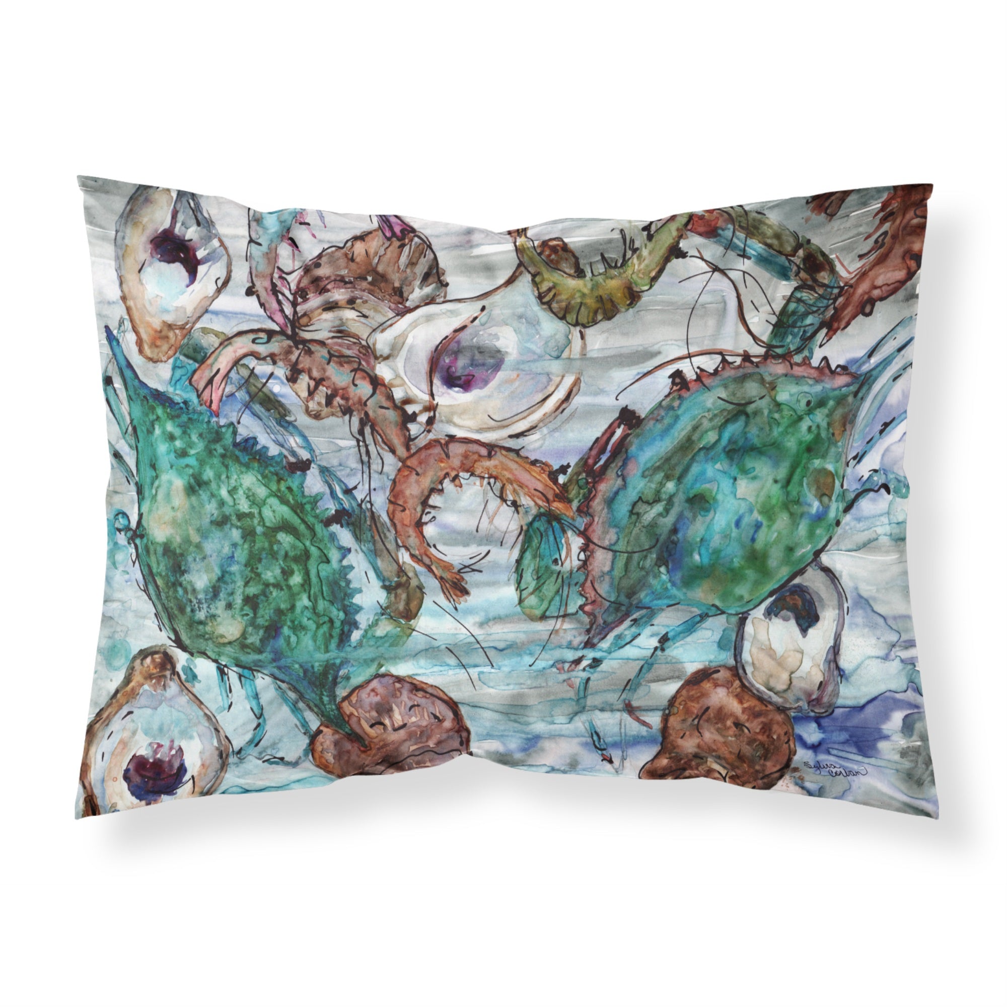 Caroline's Treasures Shrimp, Crabs And Oysters In Water Fabric Standard Pillowcase