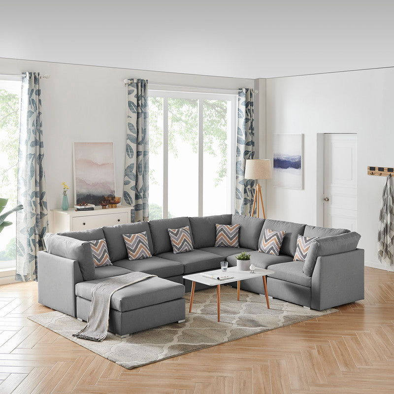 Lilola Home Amira Gray Fabric Reversible Modular Sectional Sofa with Ottoman and Pillows