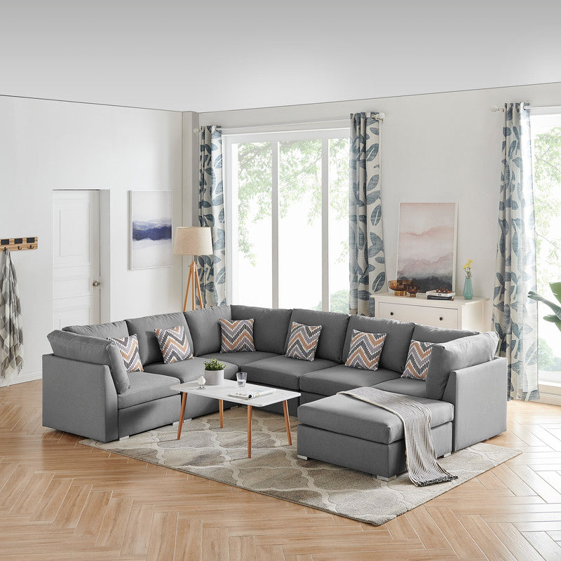 Amira Gray Fabric Reversible Modular Sectional Sofa With Ottoman And Pillows -Like New