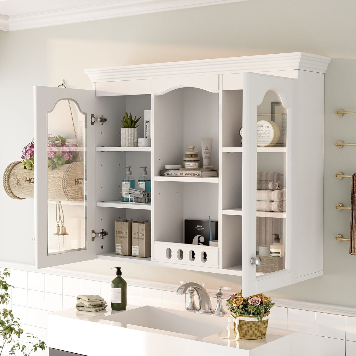 Wall-Mounted Medicine Cabinet With 2 Glass Doors, Adjustable Shelves - White