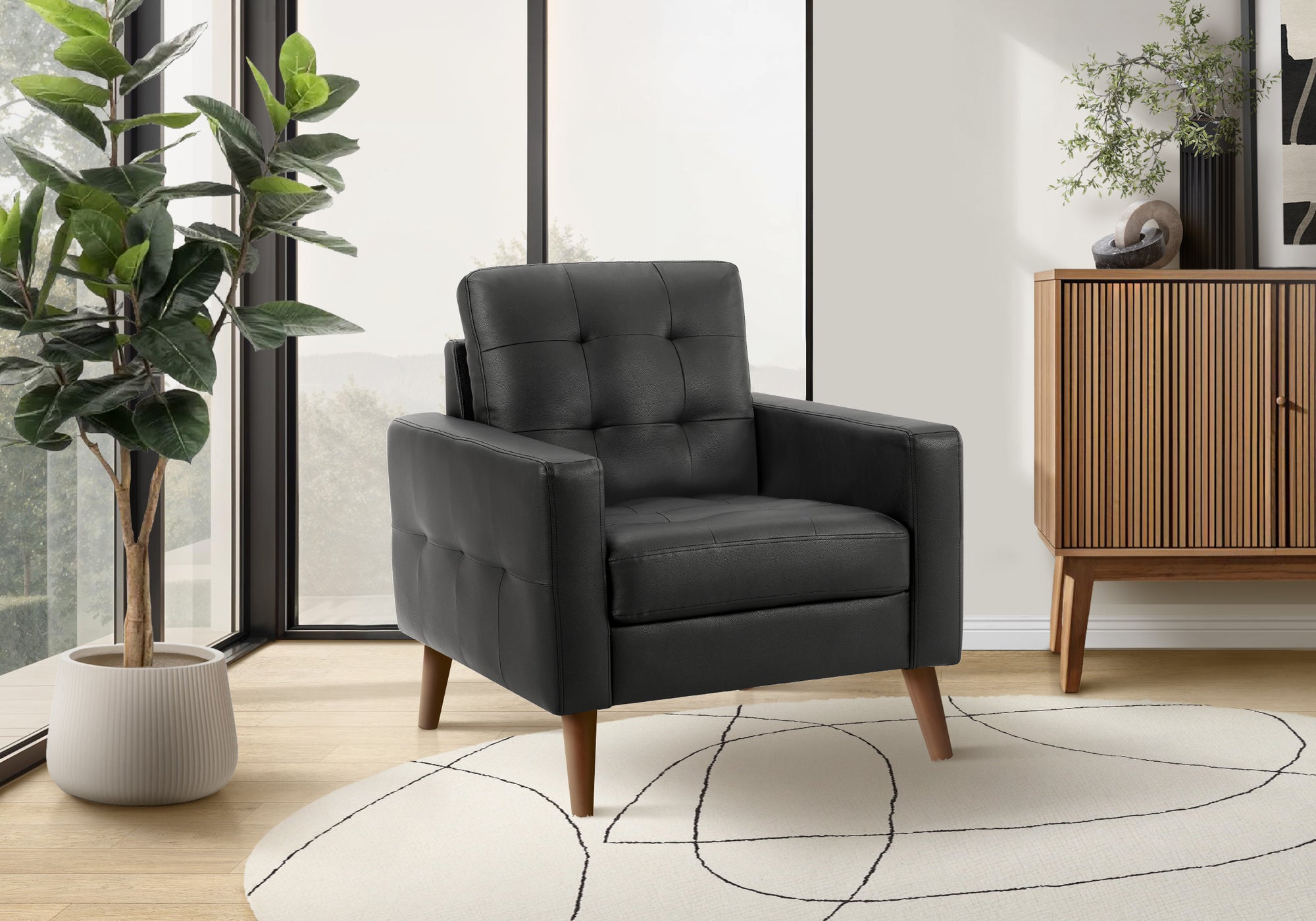 Chair, 31 Wide, Upholstered, Accent Chair, Black Leather Look, Walnut Wood Legs, Mid Century, Modern