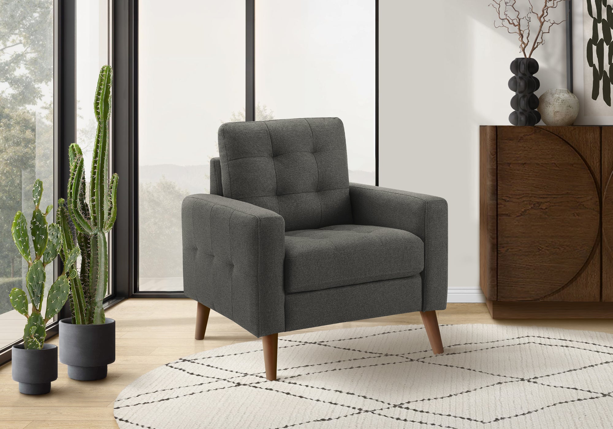 Chair, 31 Wide, Upholstered, Accent Chair, Dark Grey Fabric, Walnut Wood Legs, Mid Century, Modern
