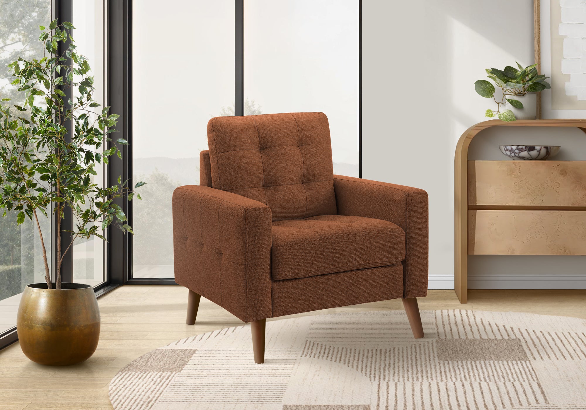 Chair, 31 Wide, Accent Chair, Upholstered, Rust Fabric, Walnut Wood Legs, Mid Century