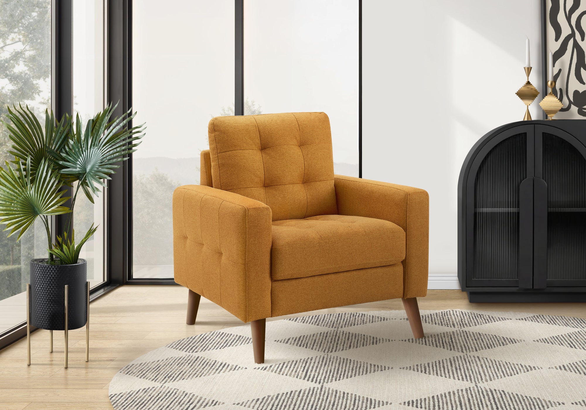 Chair, 31 Wide, Upholstered, Accent Chair, Orange Fabric, Mid Century