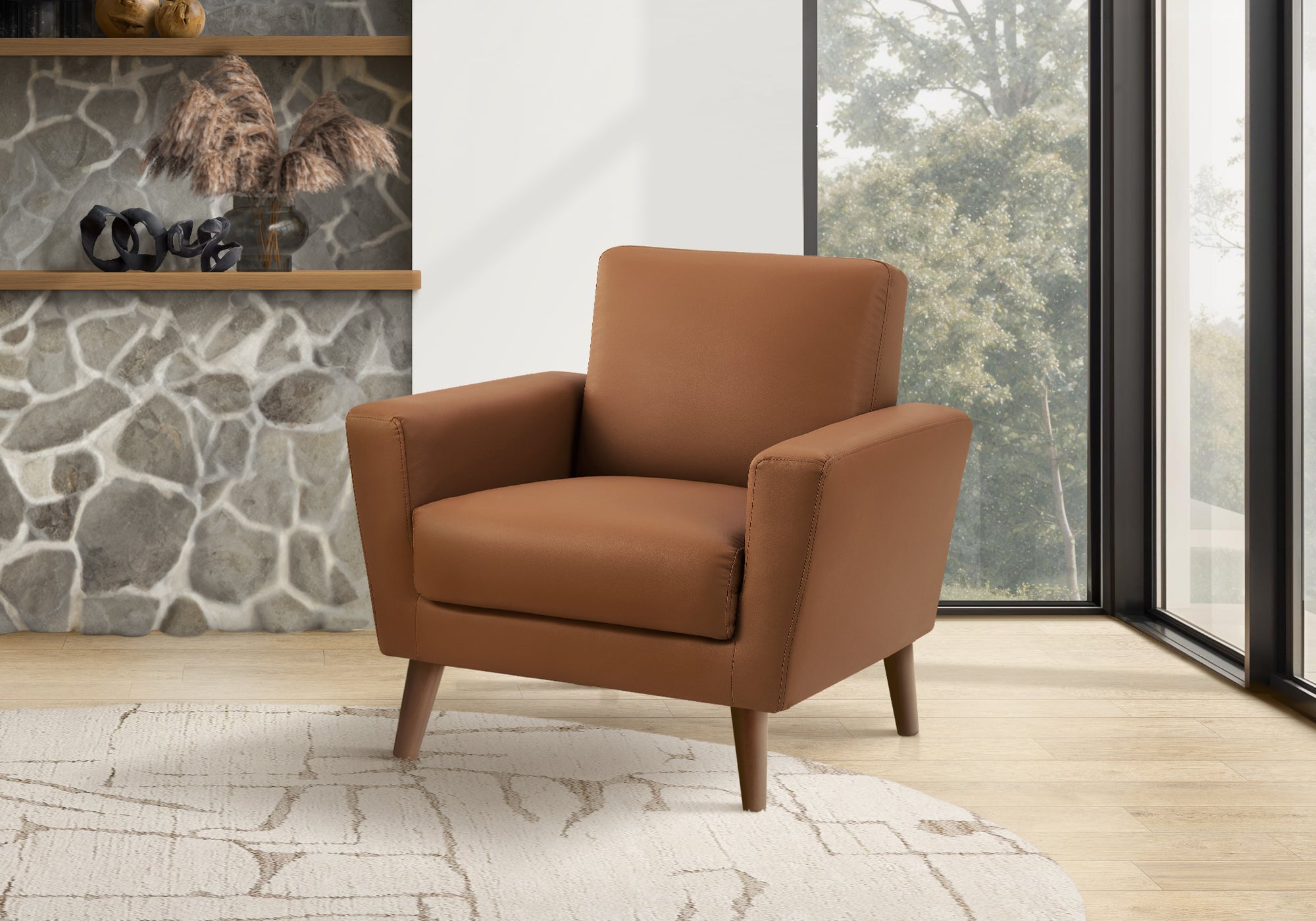 Chair, 34 Wide, Upholstered, Accent Chair, Cognac Leather Look, Walnut Wood Legs, Mid Century