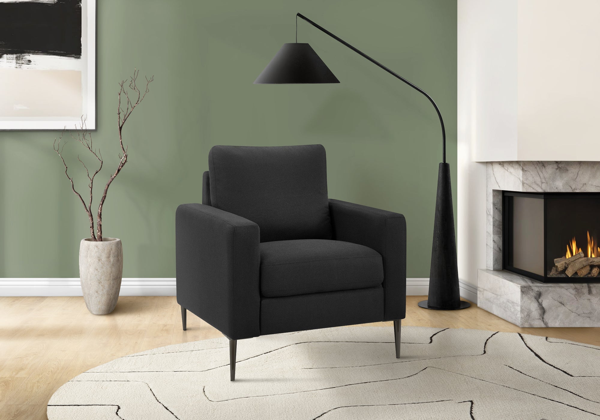 Chair, 32 Wide, Upholstered, Accent Chair, Black Fabric, Black Metal Legs, Contemporary, Modern
