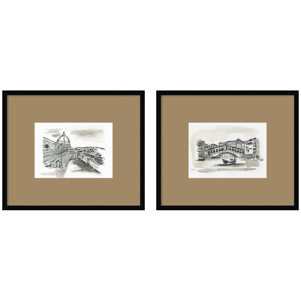 Vintage Postcard Florence & Venice 2 Piece Framed Wall Art Print Set by Teju Reval Brown Mat