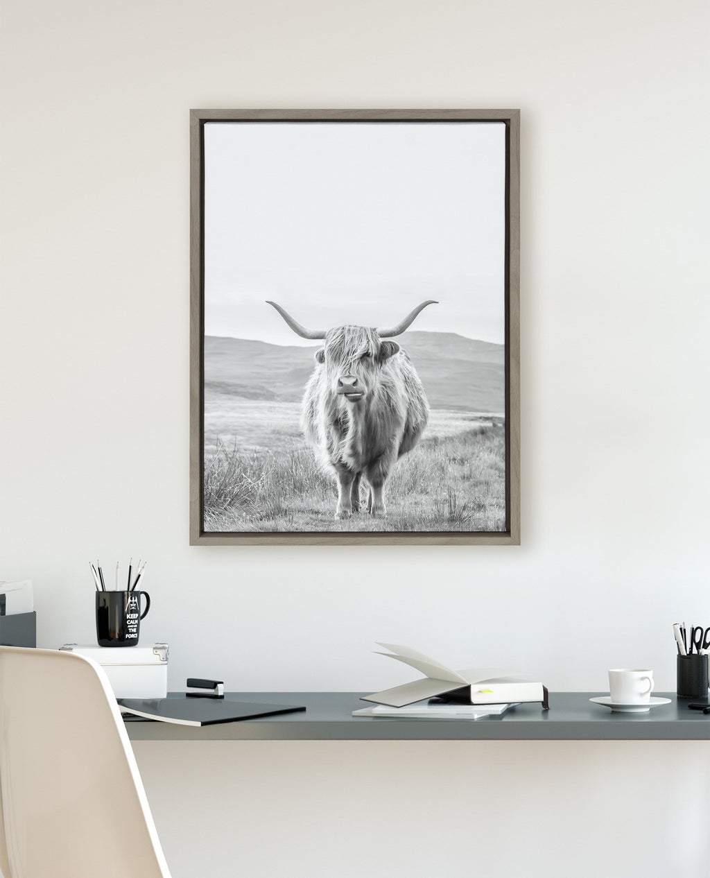 Sylvie Highland Cow Mountain Landscape Black and White Framed Canvas by The Creative Bunch Studio