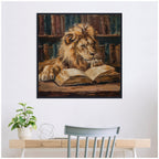 Sylvie Traditional Lion Reading in Library Framed Canvas by The Creative Bunch Studio