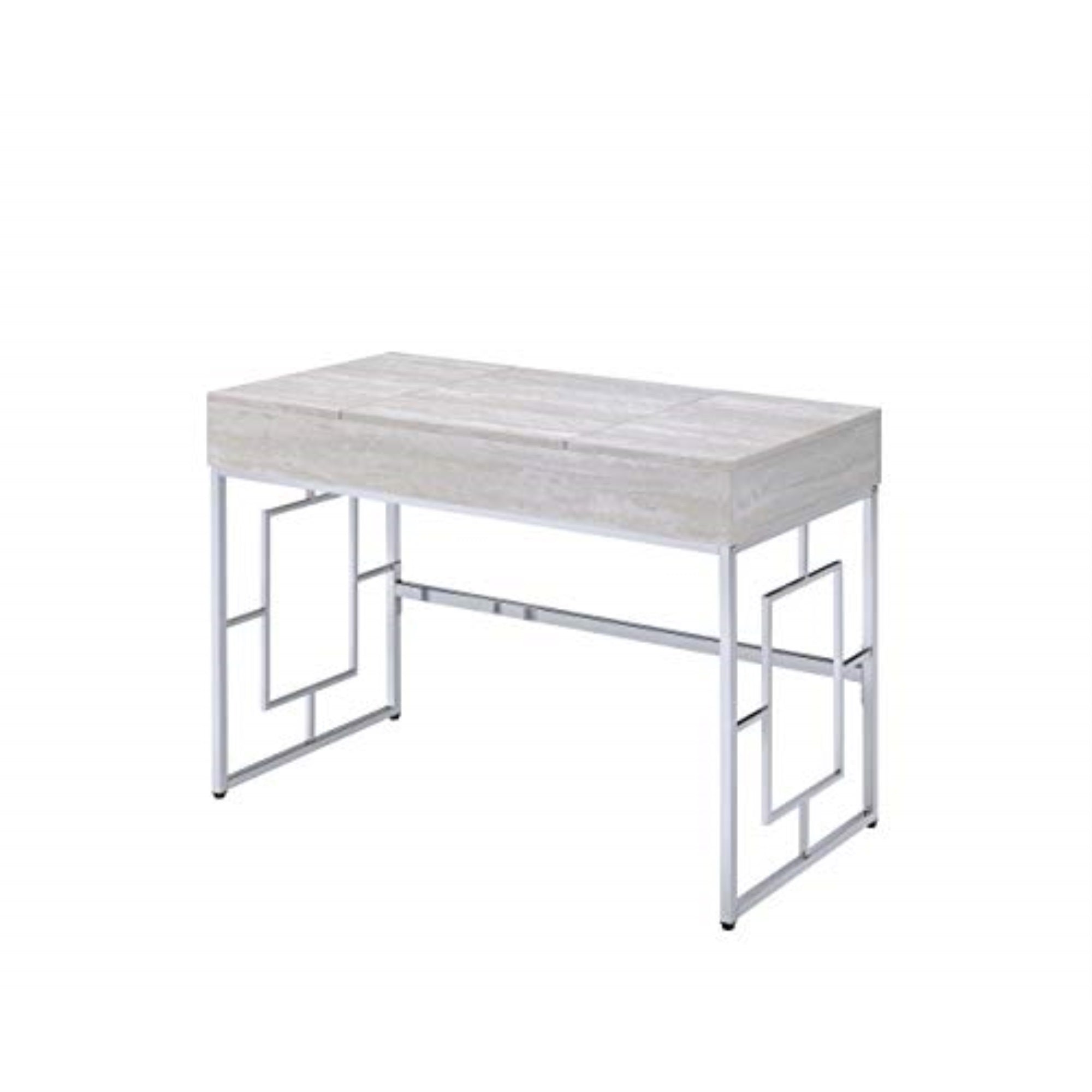 Acme Saffron Rectangular Wooden Top Vanity Desk in Chrome and White
