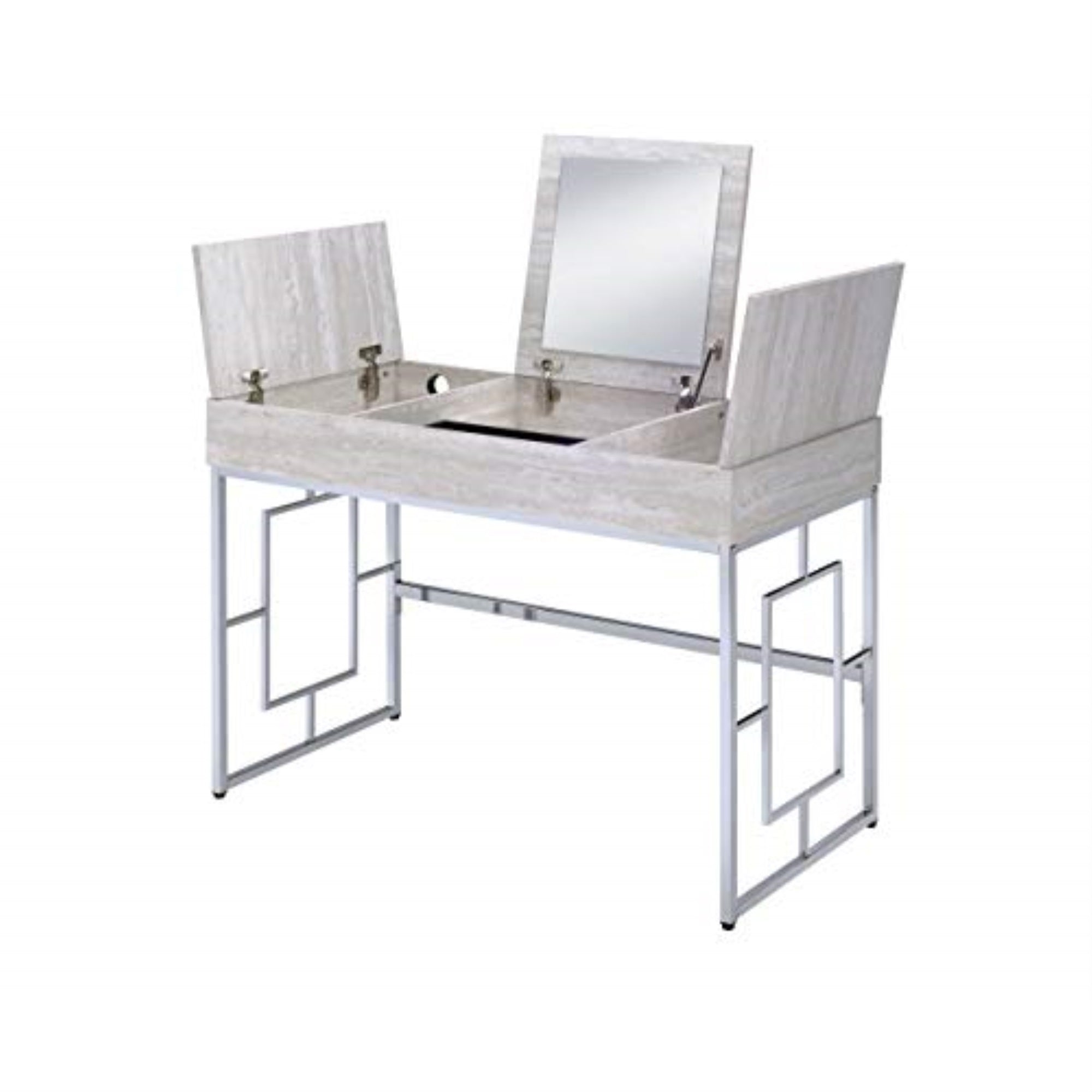 Acme Saffron Rectangular Wooden Top Vanity Desk in Chrome and White
