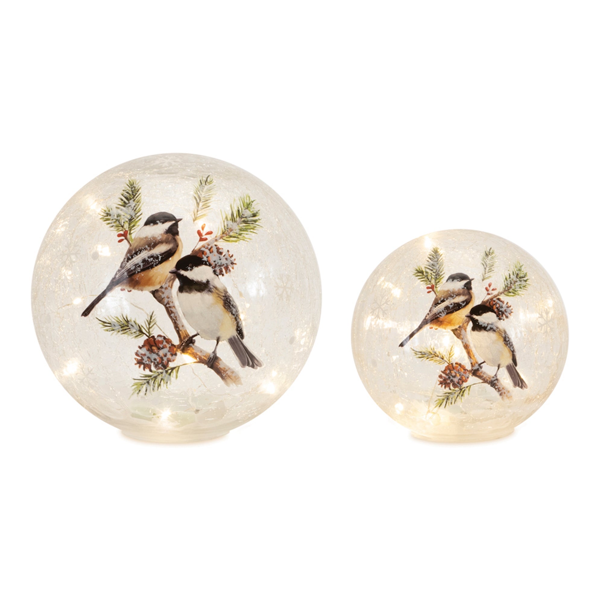 Melrose Glass Led Snow Globe With Chickadees, Set Of 2, Christmas, 5.5' D, 7.5' D, 6 Hour Timer, Batteries Not Included