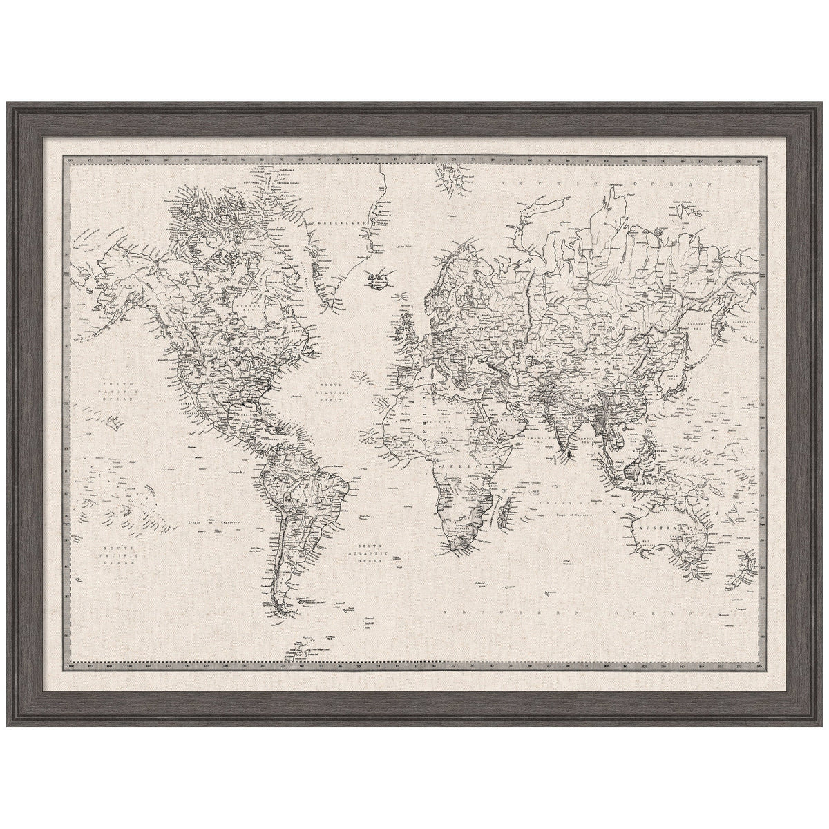Framed Fabric Pinboard Vintage Black and White Linen World Map Wall Organization