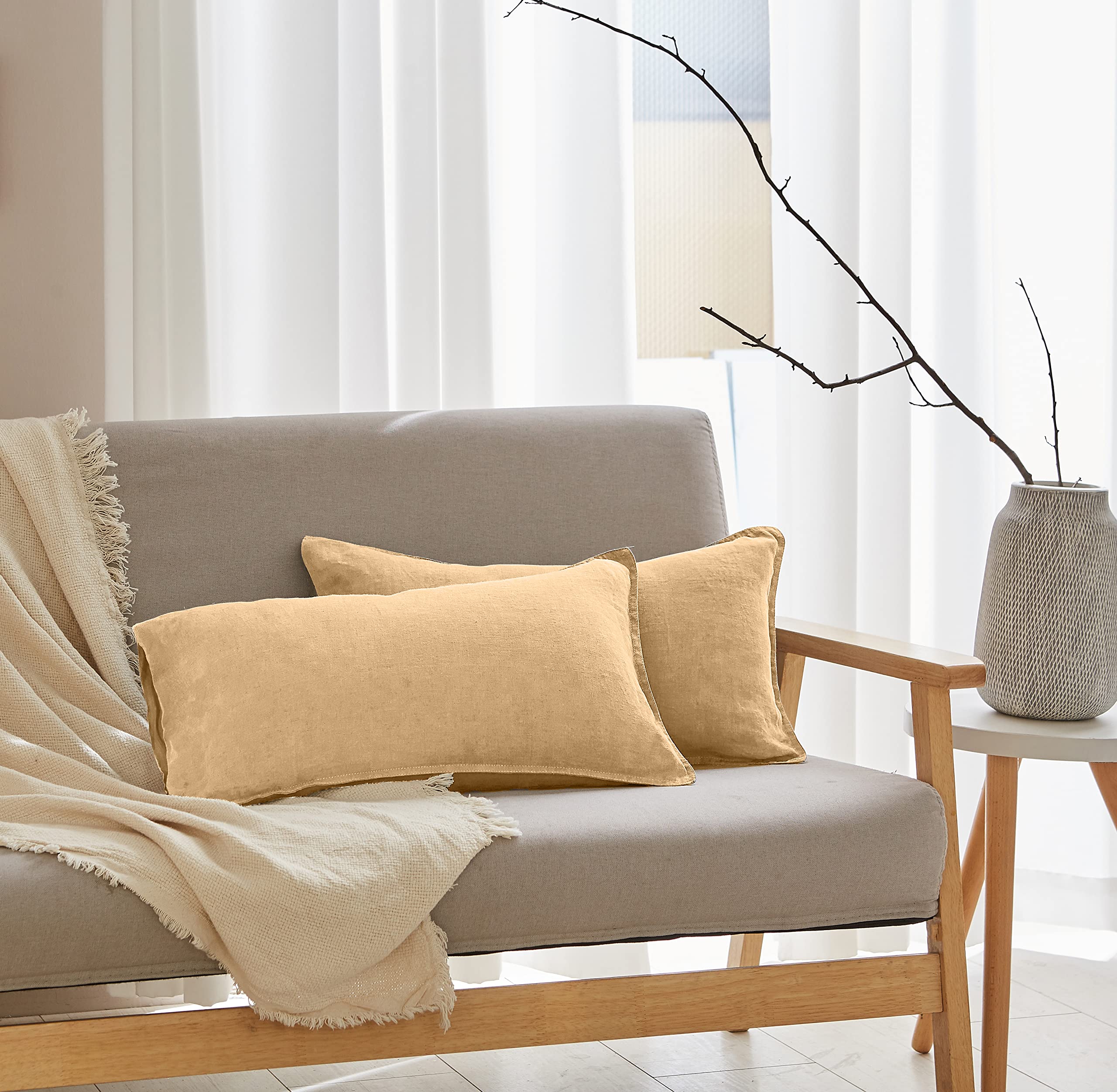 Simple&Opulence 100% Linen Lumbar Pillow Cover 12 X 20 Inches Set Of 2 Rectangular Decorative Throw Cushion Cover For Couch Sofa Bed Living Room Office Soft Breathable Farmhouse - Sand