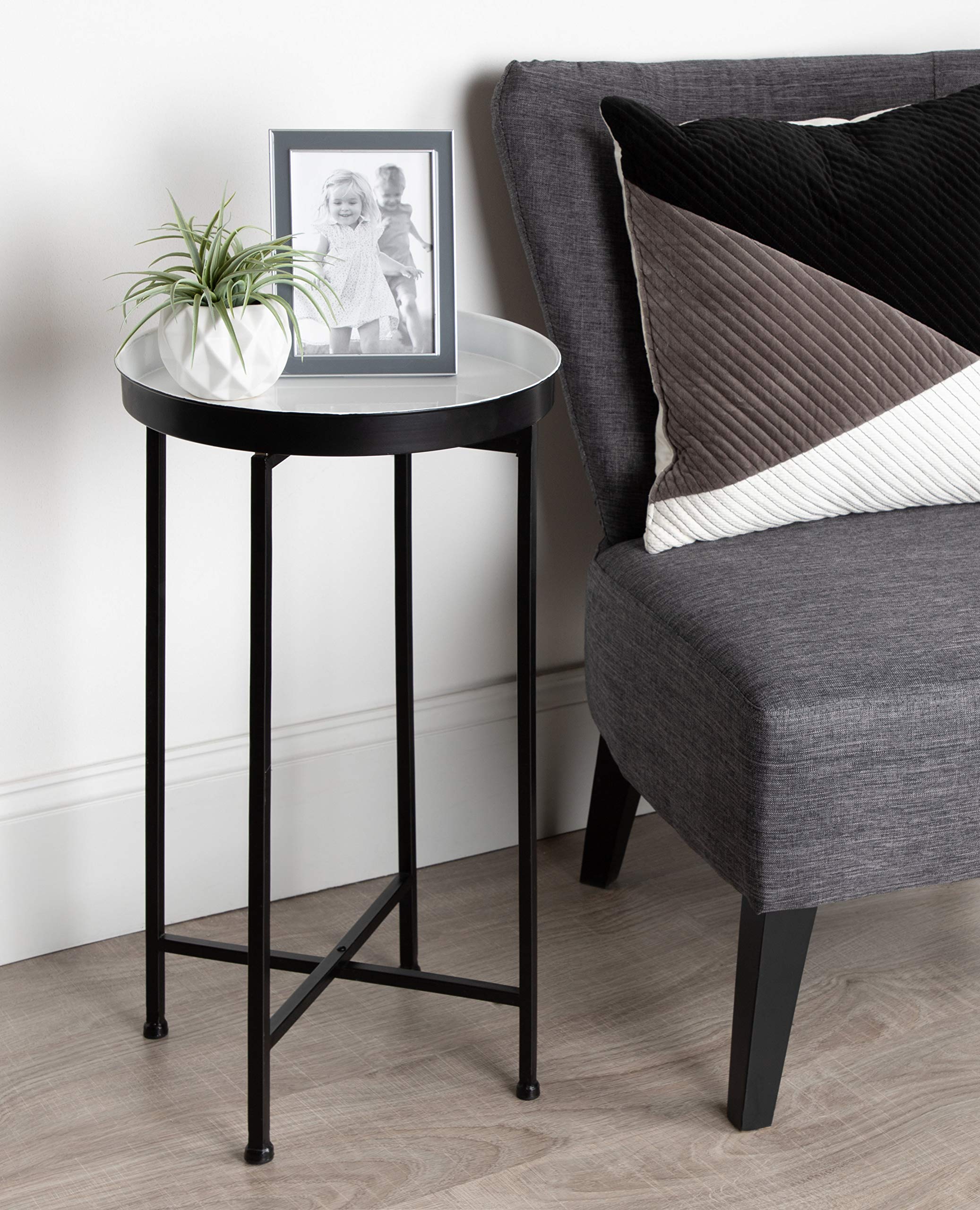 Kate And Laurel Celia Round Foldable Tray Accent Table, 14' X 14' X 25.75', White And Black, Modern Minimalist Design And Detachable Magnetic Tabletop